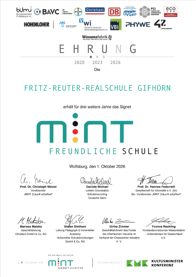 Urkunde MINT-freundliche Schule